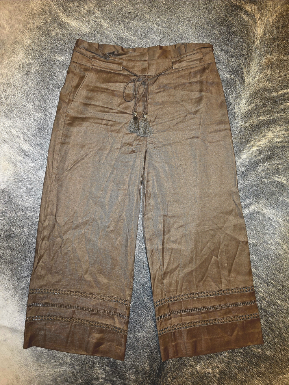 White House Black Market Brown Cropped Wide-Leg Linen Pants with Tassel Tie